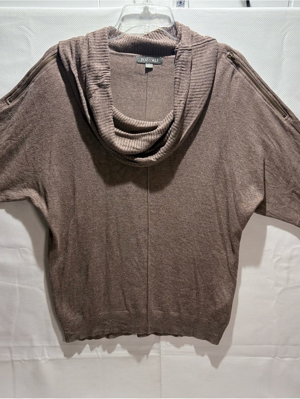 Roz & Ali Taupe Cowl-Neck Sweater with Zip-Detail Sleeves